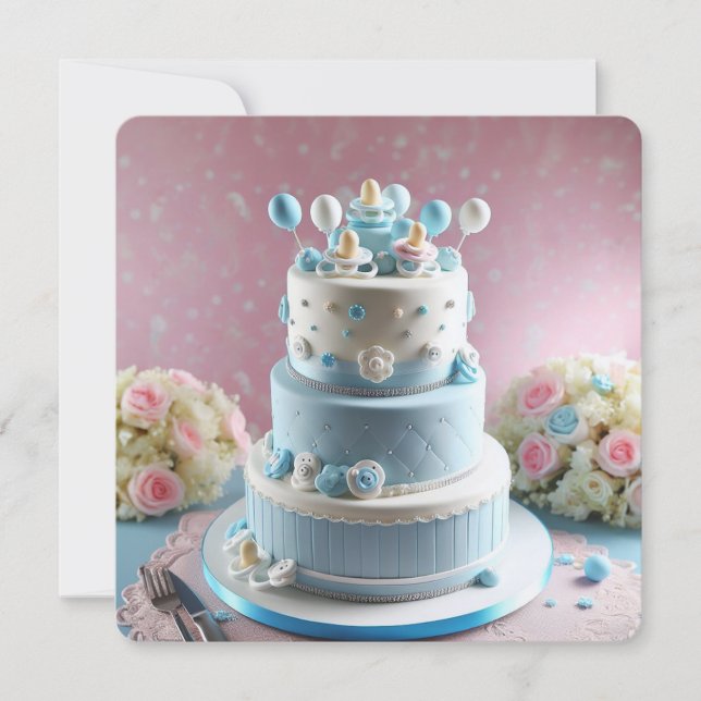 BABY SHOWER, BLUE & WHITE CAKE MED NAPPAR INBJUDNINGAR (Framsida)
