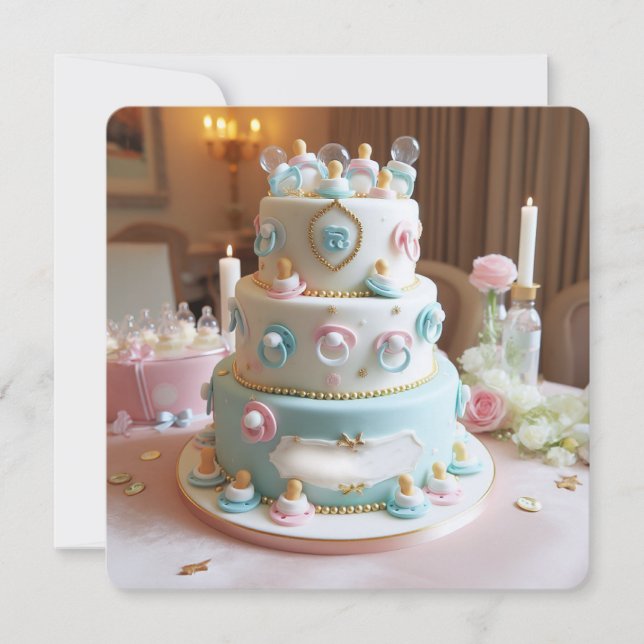 BABY SHOWER, BLUE & WHITE CAKE MED NAPPAR INBJUDNINGAR (Framsida)