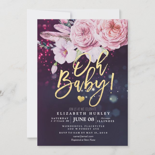 Baby Shower Boho Blommig Fjäder Lila Bokeh Ljus Inbjudningar (Framsida)