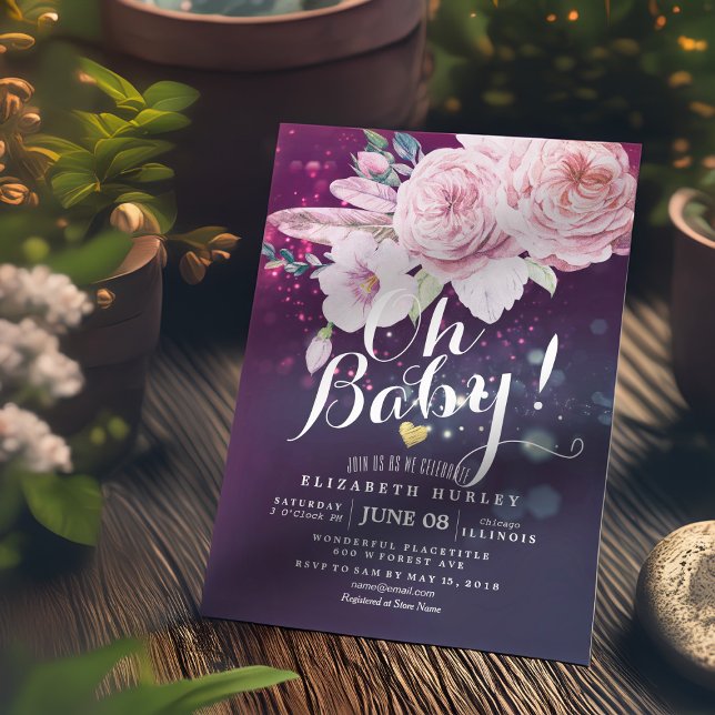 Baby Shower Boho Blommigt Feather Lila Bokeh Light Inbjudningar (Skapare uppladdad)