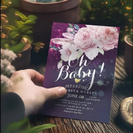 Baby Shower Boho Blommigt Feather Lila Bokeh Light Inbjudningar