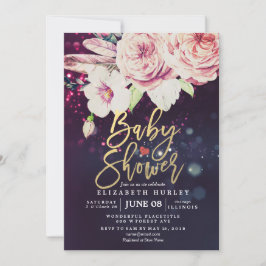 Baby Shower Boho Blommigt Feather Lila Bokeh Light Inbjudningar