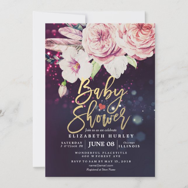 Baby Shower Boho Blommigt Feather Lila Bokeh Light Inbjudningar (Framsida)