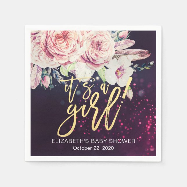 Baby Shower Boho Blommigt Feather Lila Bokeh Light Pappersservett (Framsidan)