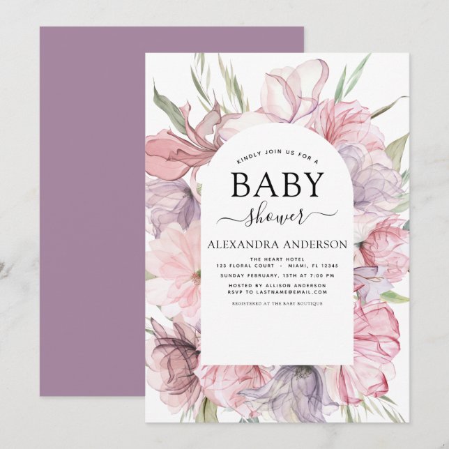 Baby Shower Boho Dusty Rosa Lila Inbjudningar (Fram/baksida)