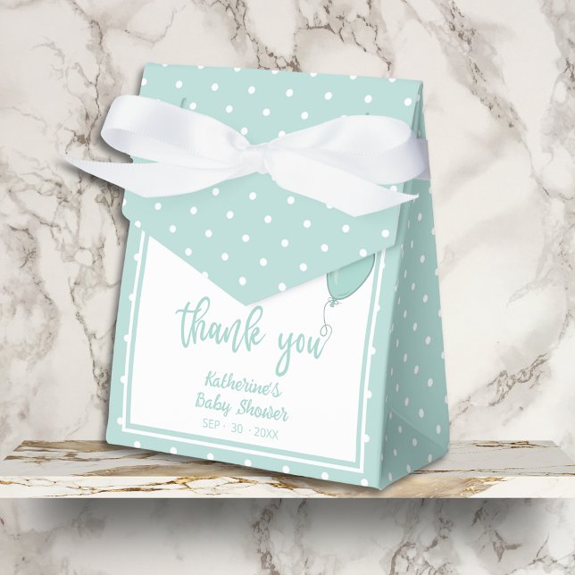 Baby Shower BOHO Gender Neutral Mint Grönt Presentaskar (Baby Shower Thank You Favor Box with Bow, Mint Green Polka Dots, Balloon, Mom's Name, Date.)