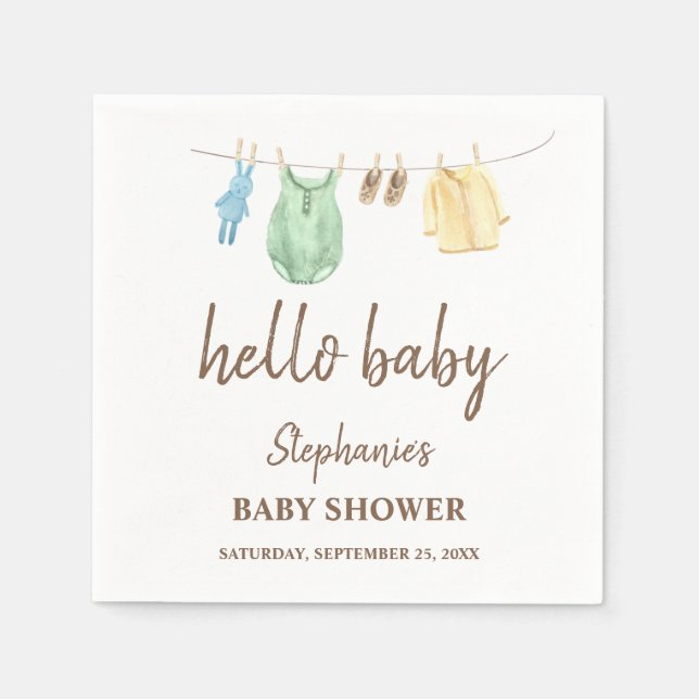 Baby Shower Boho Kläder Linje Hej Baby  Pappersservett (Framsidan)