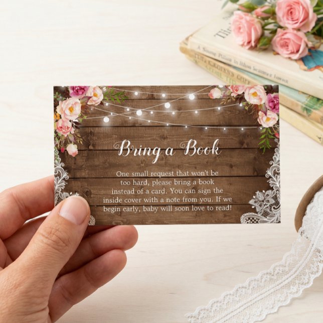 Baby Shower Bok Request Rustic Rosa Blommigt Snöre Visitkort (Skapare uppladdad)