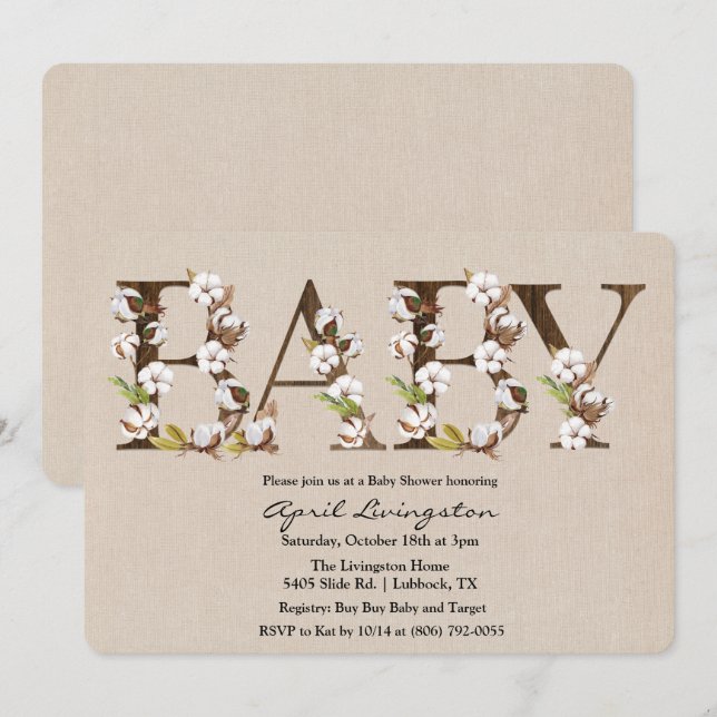 Baby Shower Bomull Alfabet Inbjudan (Fram/baksida)