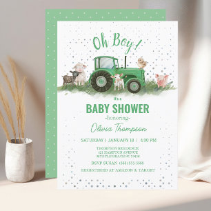Baby Shower Boskap Grönt Tractor Boy Inbjudningar