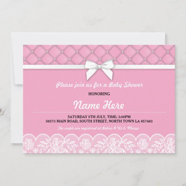 Baby Shower Bow Snöre Pearls GirI Rosa Twillingar  Inbjudningar (Framsida)