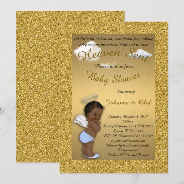 Baby Shower Boy, Afro American,Baby Angel,Guld Inbjudningar (Fram/baksida)
