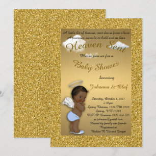 Baby Shower Boy, Afro American,Baby Angel,Guld Inbjudningar