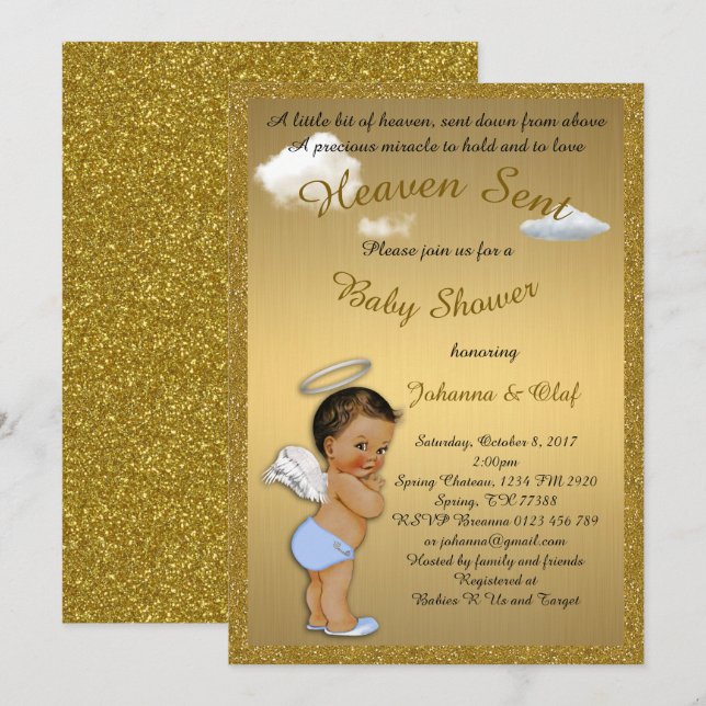 Baby Shower Boy, Baby Angel, glitter, Guld Inbjudningar (Fram/baksida)