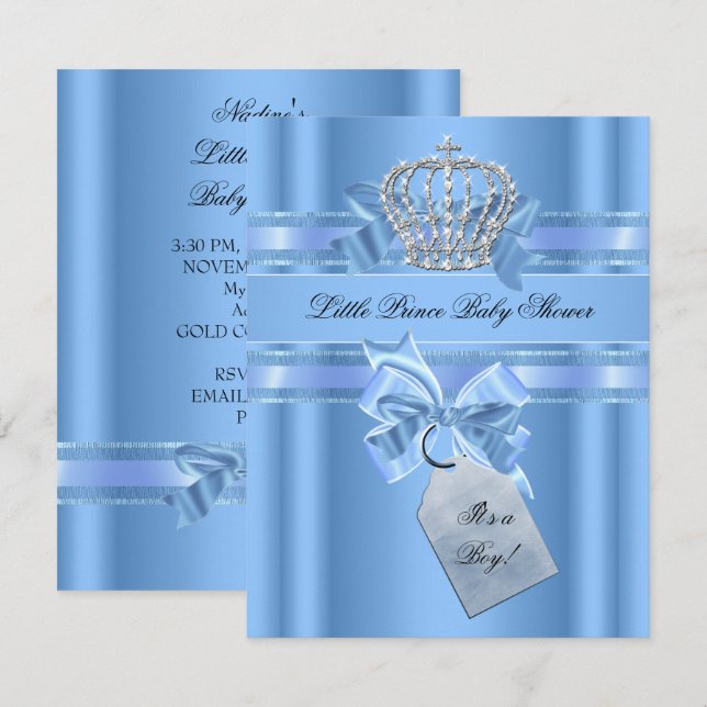 Baby Shower Boy Baby blue Little Prince Krona Bow Inbjudningar (Fram/baksida)