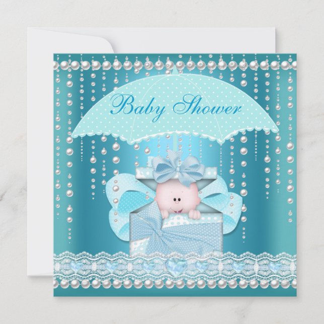 Baby Shower Boy Baby blue Pearl Umbrella Inbjudningar (Framsida)