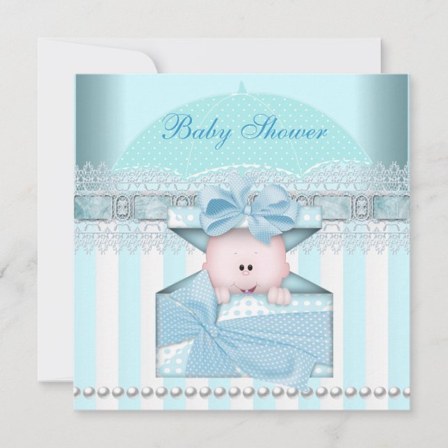 Baby Shower Boy Baby blue Teal Umbrella Rand Inbjudningar (Framsida)
