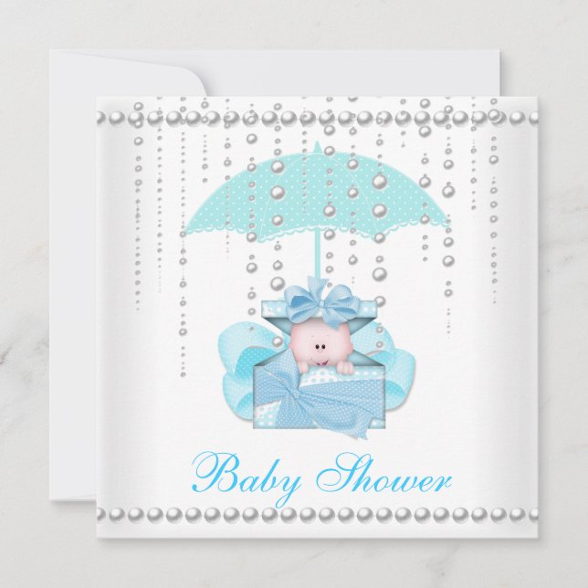 Baby Shower Boy Baby blue Umbrella Pearl White Inbjudningar (Framsida)