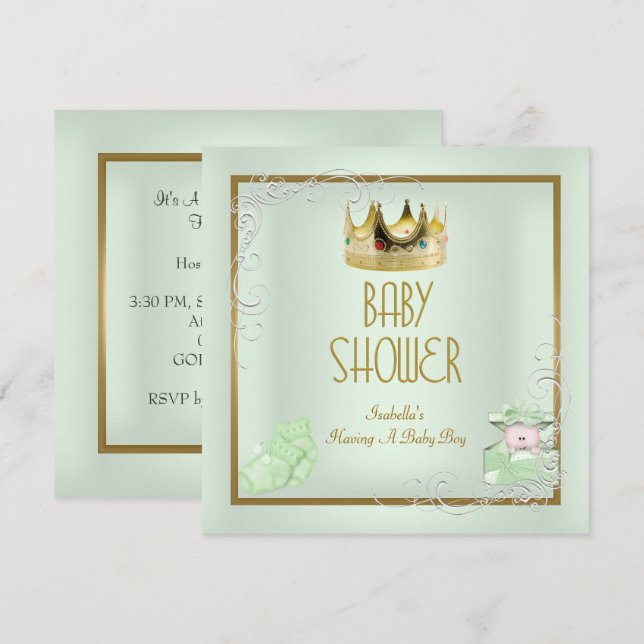 Baby Shower Boy Baby Krona Prince Mint Inbjudningar (Fram/baksida)