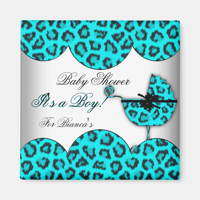 Baby Shower Boy Baby Leopard Blue Pram Magnet (Framsidan)