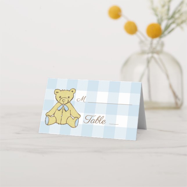 Baby Shower Boy Bear Blue White Play Placeringskort (Framsida)