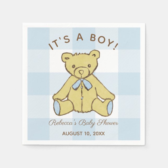 Baby Shower Boy Bear med Namn och Date Pappersservett (Framsidan)