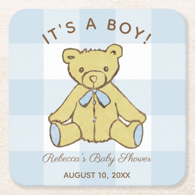 Baby Shower Boy Bear med Namn och Date Underlägg Papper Kvadrat (Framsidan)