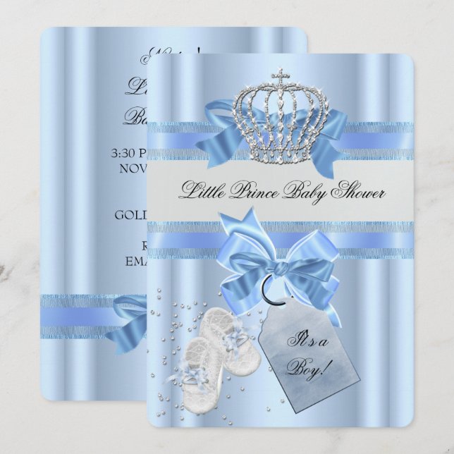 Baby Shower Boy Blue Little Prince Krona 3a Inbjudningar (Fram/baksida)
