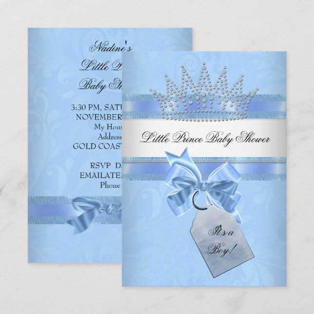 Baby Shower Boy Blue Little Prince Krona Damask Inbjudningar (Fram/baksida)