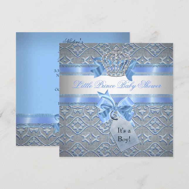 Baby Shower Boy Blue Little Prince Krona Inbjudningar (Fram/baksida)