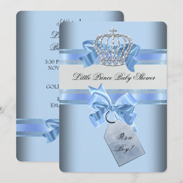 Baby Shower Boy Blue Little Prince Krona Inbjudningar (Fram/baksida)
