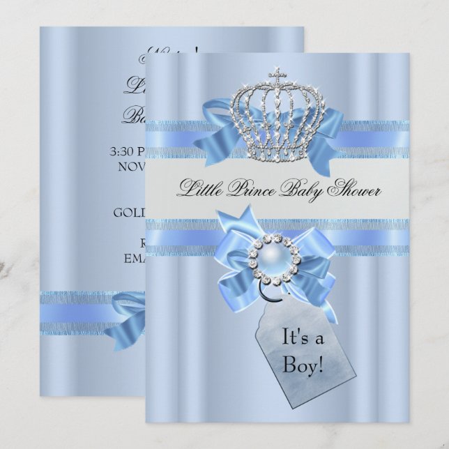 Baby Shower Boy Blue Little Prince Krona NEW Inbjudningar (Fram/baksida)