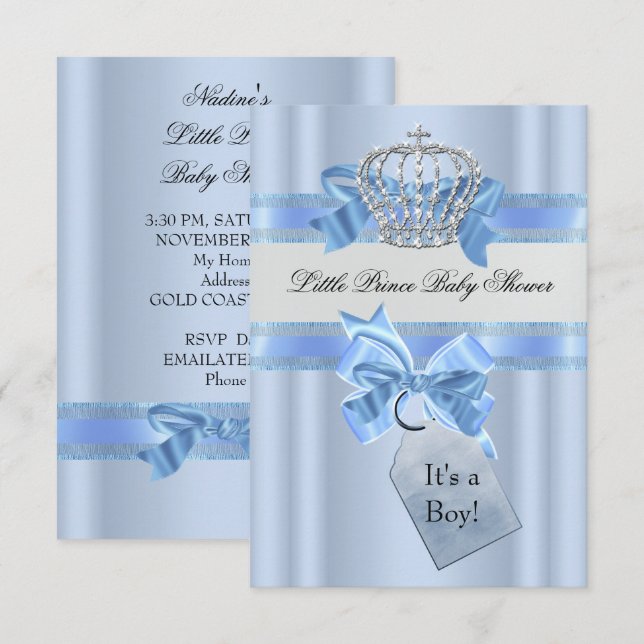 Baby Shower Boy Blue Little Prince Krona SML Inbjudningar (Fram/baksida)