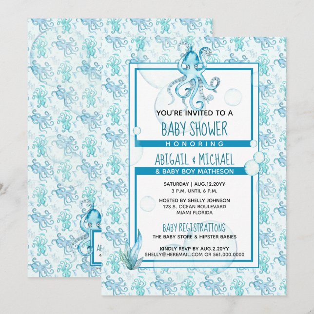 Baby Shower Boy Blue och Teal Watercolor Octopus Inbjudningar (Fram/baksida)