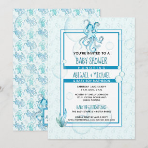 Baby Shower #Boy Blue & Teal Watercolor #Octopus Inbjudningar
