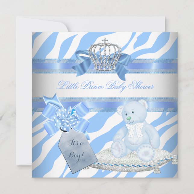 Baby Shower Boy Blue Zebra Prince Krona Nalle Inbjudningar (Framsida)