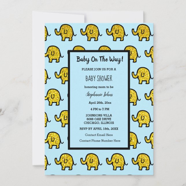 Baby Shower Boy Girl Elephant Animal Guld Glitter Inbjudningar (Framsida)
