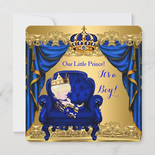 Baby Shower Boy Little Prince Royal Blue Golden 3 Inbjudningar (Framsida)