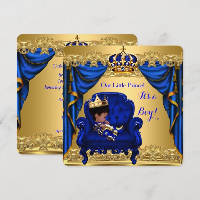 Baby Shower Boy Little Prince Royal Blue Golden Inbjudningar (Fram/baksida)