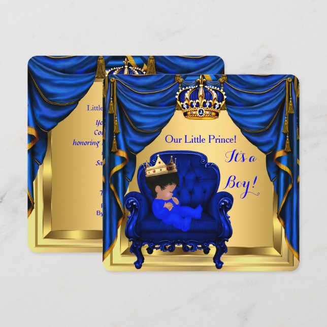 Baby Shower Boy Little Prince Royal Blue Guld Inbjudningar (Fram/baksida)
