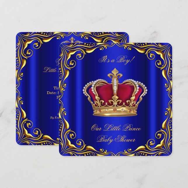 Baby Shower Boy Little Prince Royal Blue Red Guld Inbjudningar (Fram/baksida)