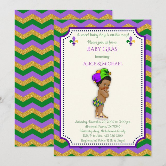 Baby Shower Boy, Mardi Gras Boy, guld, chevron Inbjudningar (Fram/baksida)
