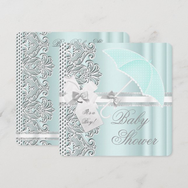 Baby Shower Boy Mint Blue Grått White Snöre Inbjudningar (Fram/baksida)