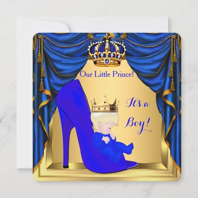 Baby Shower Boy Prince Royal Blue Shoe Guld 4 Inbjudningar (Framsida)