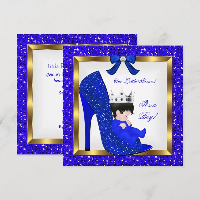 Baby Shower Boy Prince Royal Blue Shoe Inbjudningar (Fram/baksida)