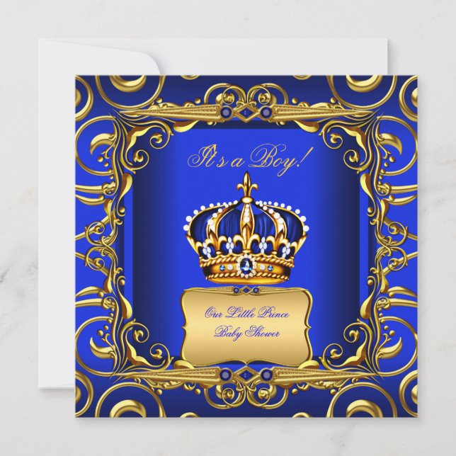 Baby Shower Boy Royal Blue Damask Guld Krona 2 Inbjudningar (Framsida)