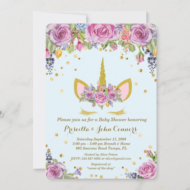 Baby Shower Boy Unicorm-inbjudan, blommor, blått Inbjudningar (Framsida)