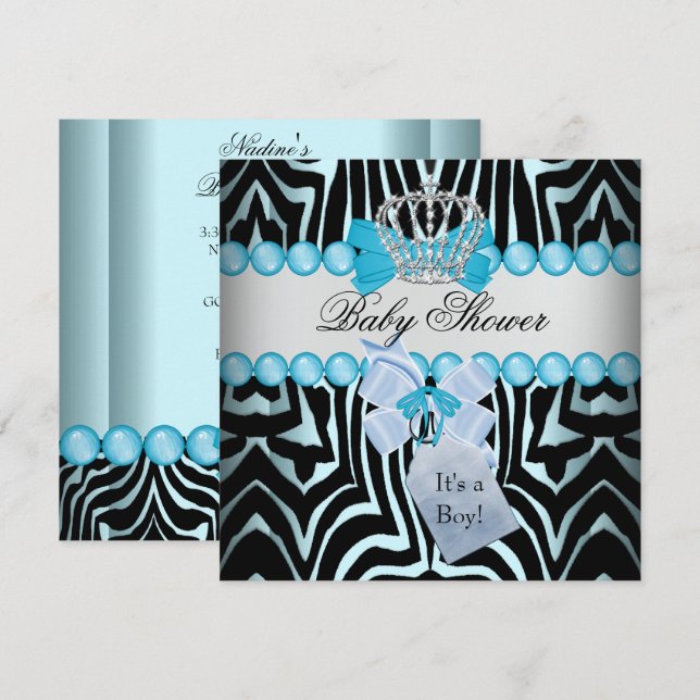 Baby Shower Boy Zebra Blue Prince Krona Black Inbjudningar (Fram/baksida)