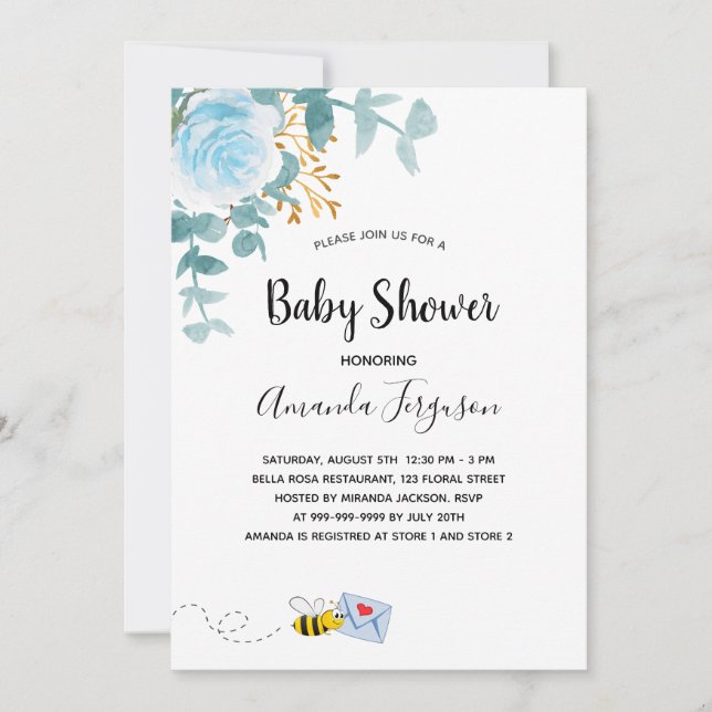 Baby Shower boyblå blommigt grey mamma to be Inbjudningar (Framsida)