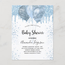 Baby Shower boyblå glitter-ballonger silver Inbjudan Vykort